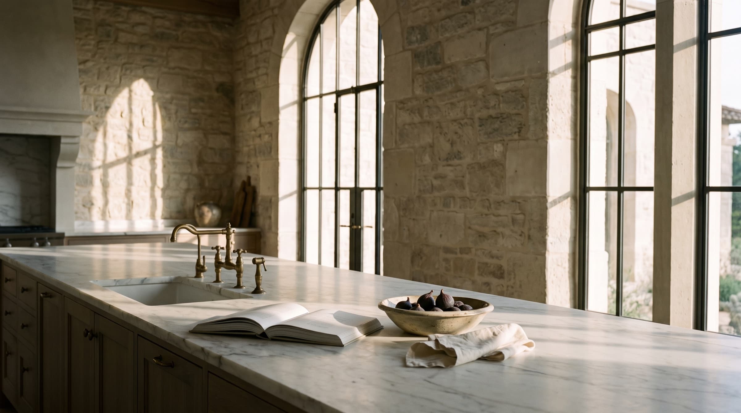 A quiet estate kitchen in late light, a large linen-bound book open on the marble island